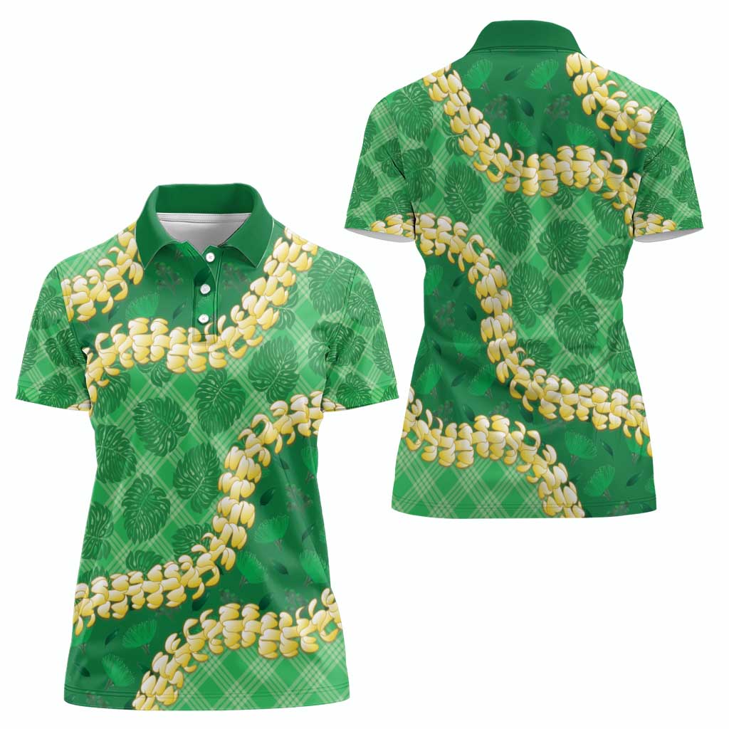 Green Palaka Hawaii Mele Kalikimaka Women Polo Shirt Ohia Lehua Monstera Puakenikeni Lei - Polynesian Pride