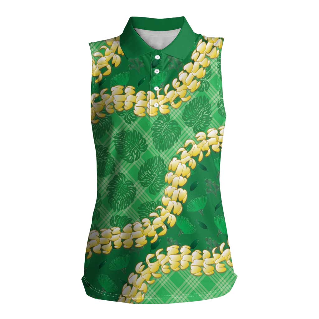 Green Palaka Hawaii Mele Kalikimaka Women Sleeveless Polo Shirt Ohia Lehua Monstera Puakenikeni Lei - Polynesian Pride