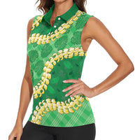 Green Palaka Hawaii Mele Kalikimaka Women Sleeveless Polo Shirt Ohia Lehua Monstera Puakenikeni Lei - Polynesian Pride