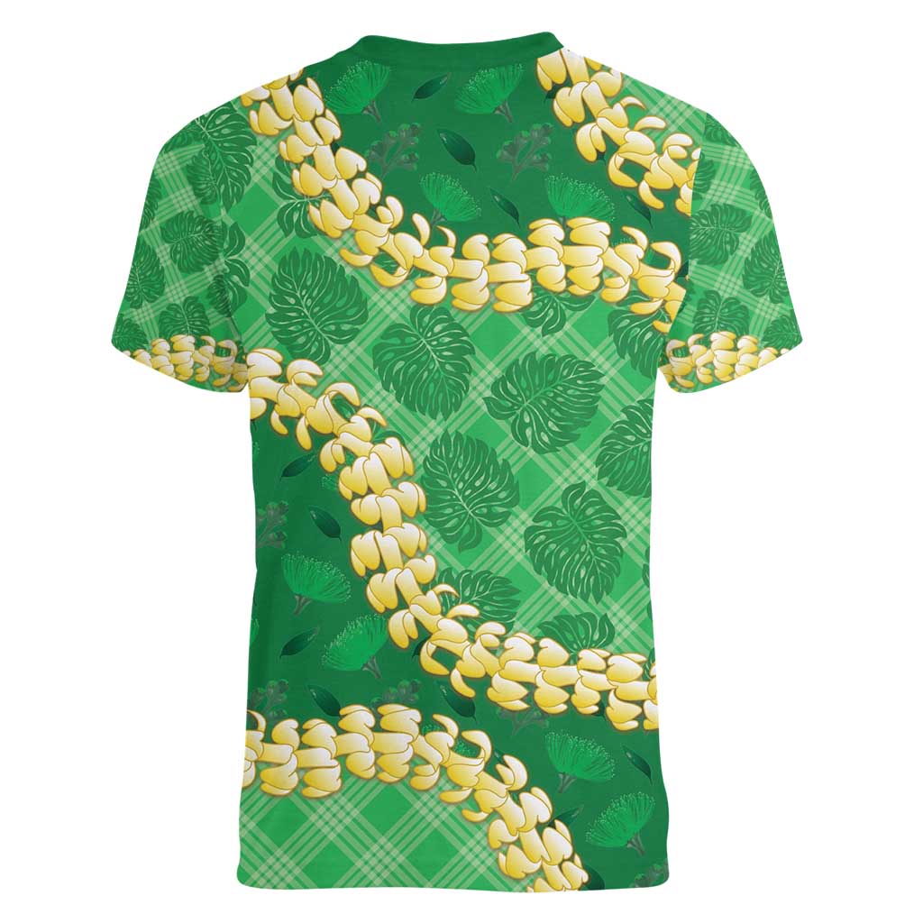 Green Palaka Hawaii Mele Kalikimaka Women V-Neck T-Shirt Ohia Lehua Monstera Puakenikeni Lei - Polynesian Pride