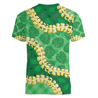 Green Palaka Hawaii Mele Kalikimaka Women V-Neck T-Shirt Ohia Lehua Monstera Puakenikeni Lei - Polynesian Pride