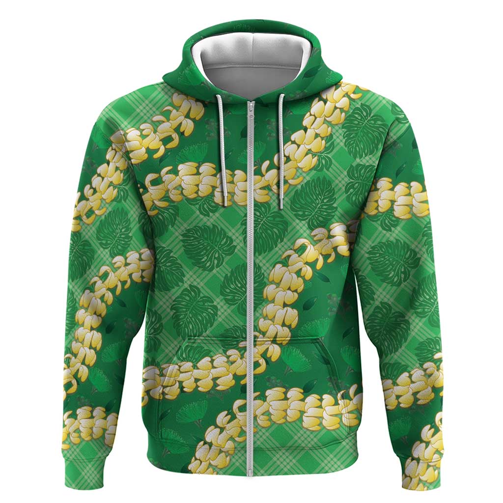 Green Palaka Hawaii Mele Kalikimaka Zip Hoodie Ohia Lehua Monstera Puakenikeni Lei - Polynesian Pride