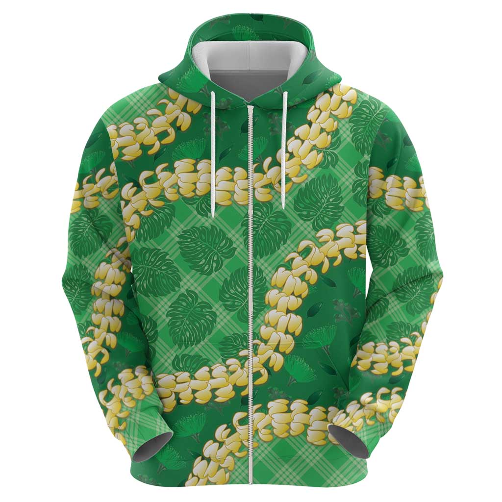 Green Palaka Hawaii Mele Kalikimaka Zip Hoodie Ohia Lehua Monstera Puakenikeni Lei - Polynesian Pride