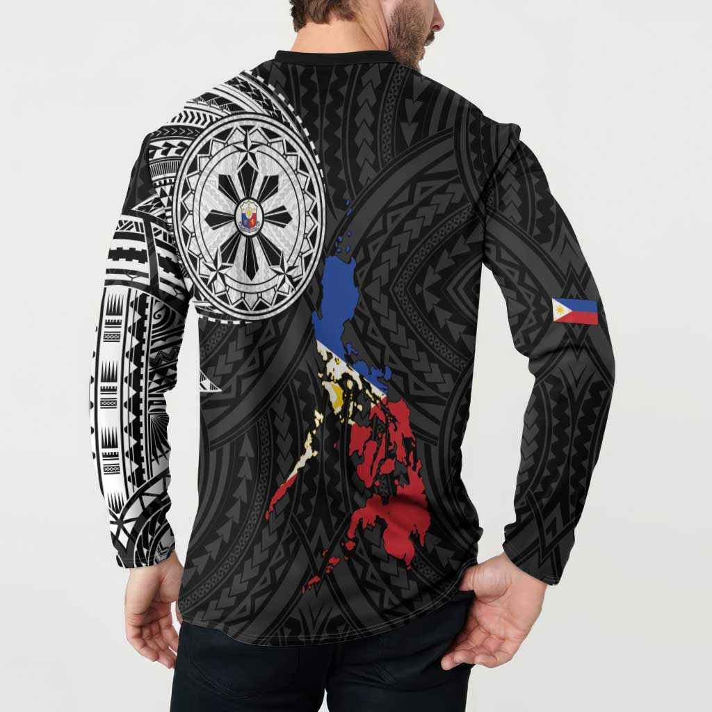 Philippines Strong Button Sweatshirt Filipino Map Polynesian Tattoo - Polynesian Pride