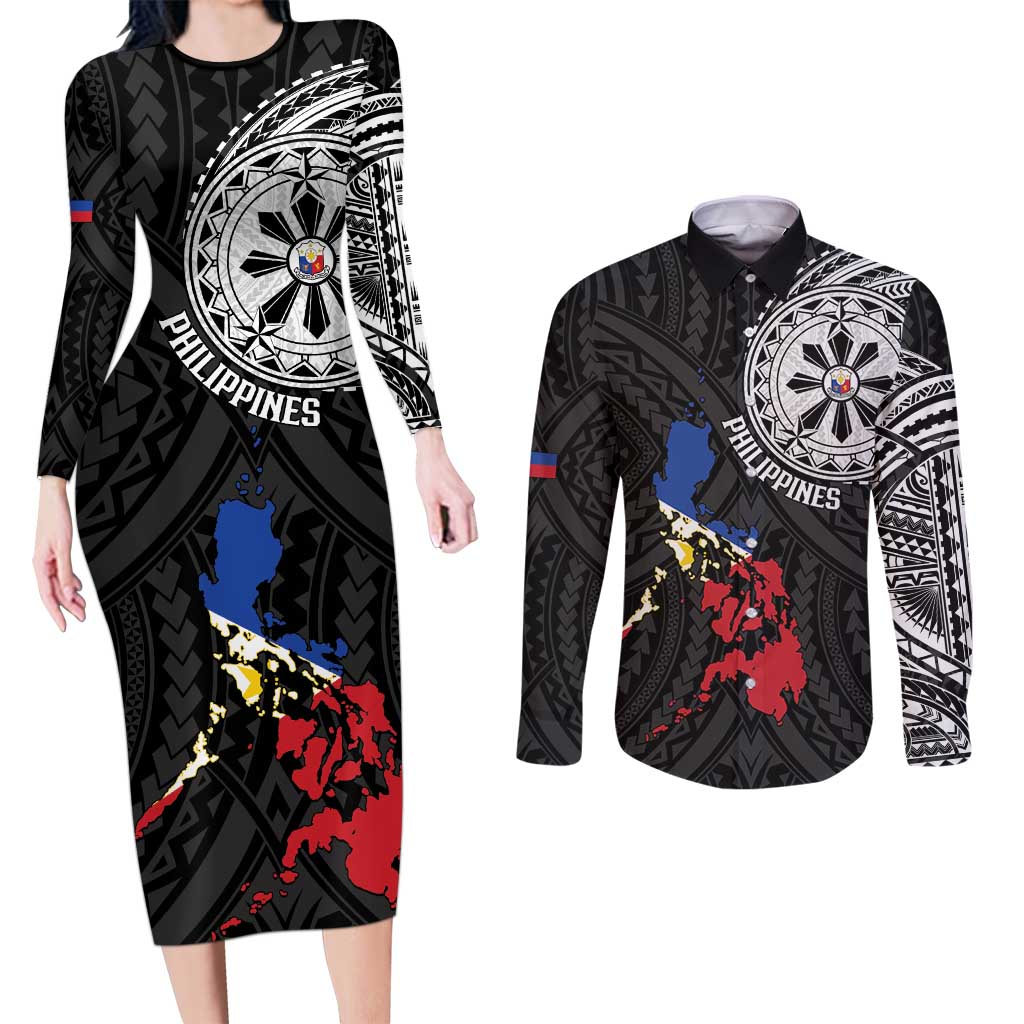 Philippines Strong Couples Matching Long Sleeve Bodycon Dress and Long Sleeve Button Shirt Filipino Map Polynesian Tattoo - Polynesian Pride