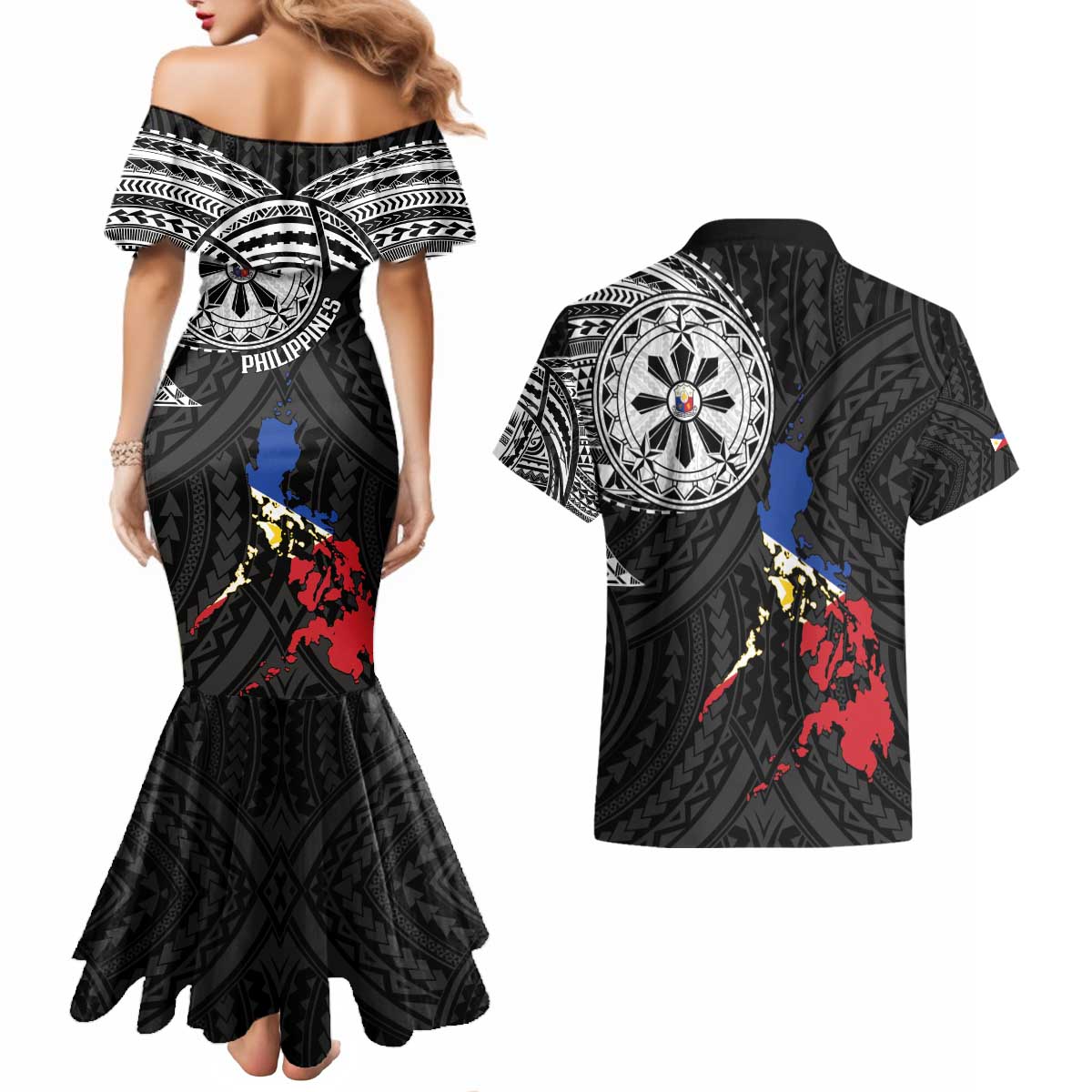 Philippines Strong Couples Matching Mermaid Dress and Hawaiian Shirt Filipino Map Polynesian Tattoo - Polynesian Pride