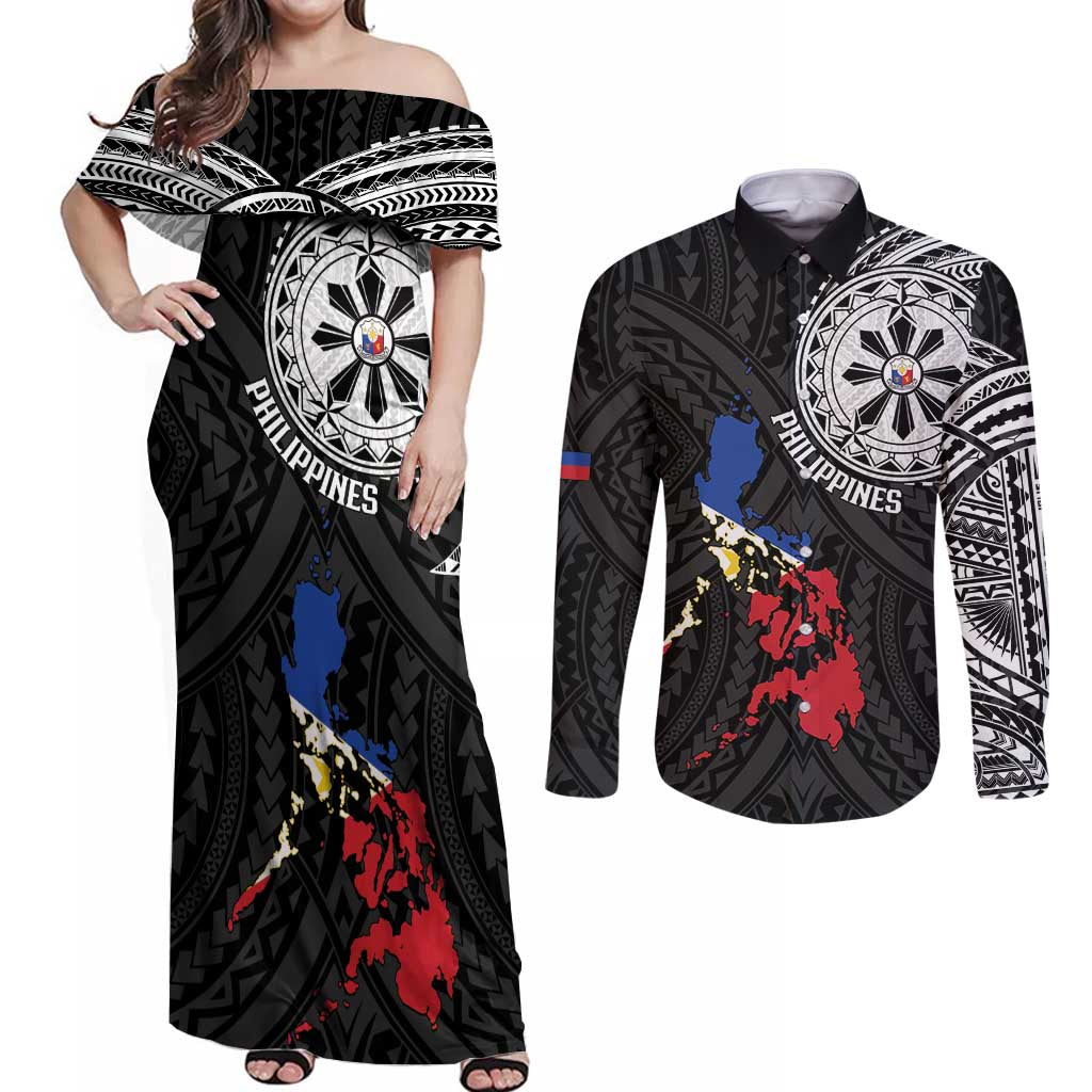Philippines Strong Couples Matching Off Shoulder Maxi Dress and Long Sleeve Button Shirt Filipino Map Polynesian Tattoo - Polynesian Pride