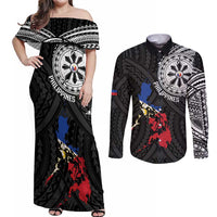 Philippines Strong Couples Matching Off Shoulder Maxi Dress and Long Sleeve Button Shirt Filipino Map Polynesian Tattoo - Polynesian Pride