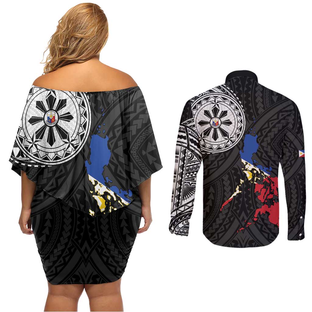 Philippines Strong Couples Matching Off Shoulder Short Dress and Long Sleeve Button Shirt Filipino Map Polynesian Tattoo - Polynesian Pride
