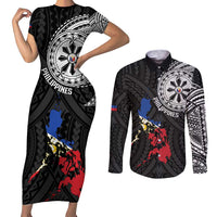 Philippines Strong Couples Matching Short Sleeve Bodycon Dress and Long Sleeve Button Shirt Filipino Map Polynesian Tattoo - Polynesian Pride