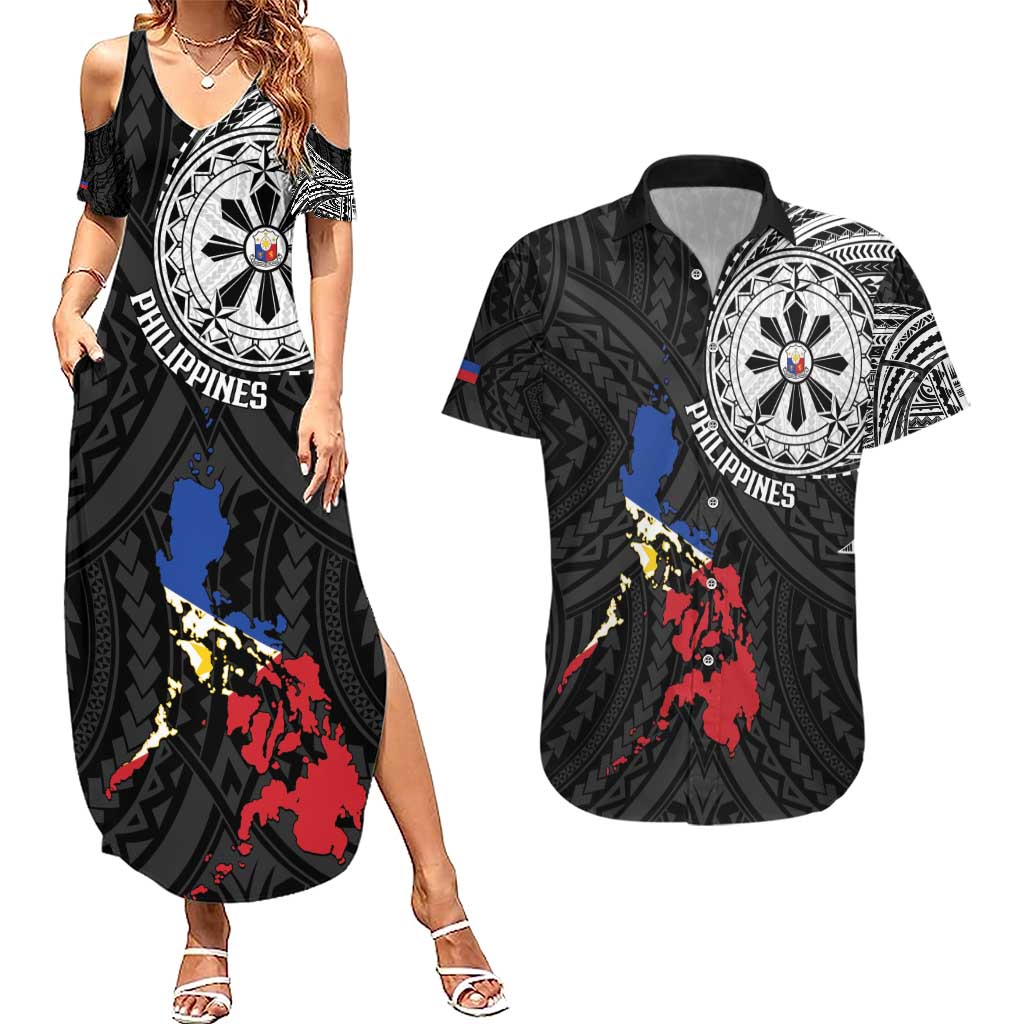 Philippines Strong Couples Matching Summer Maxi Dress and Hawaiian Shirt Filipino Map Polynesian Tattoo - Polynesian Pride