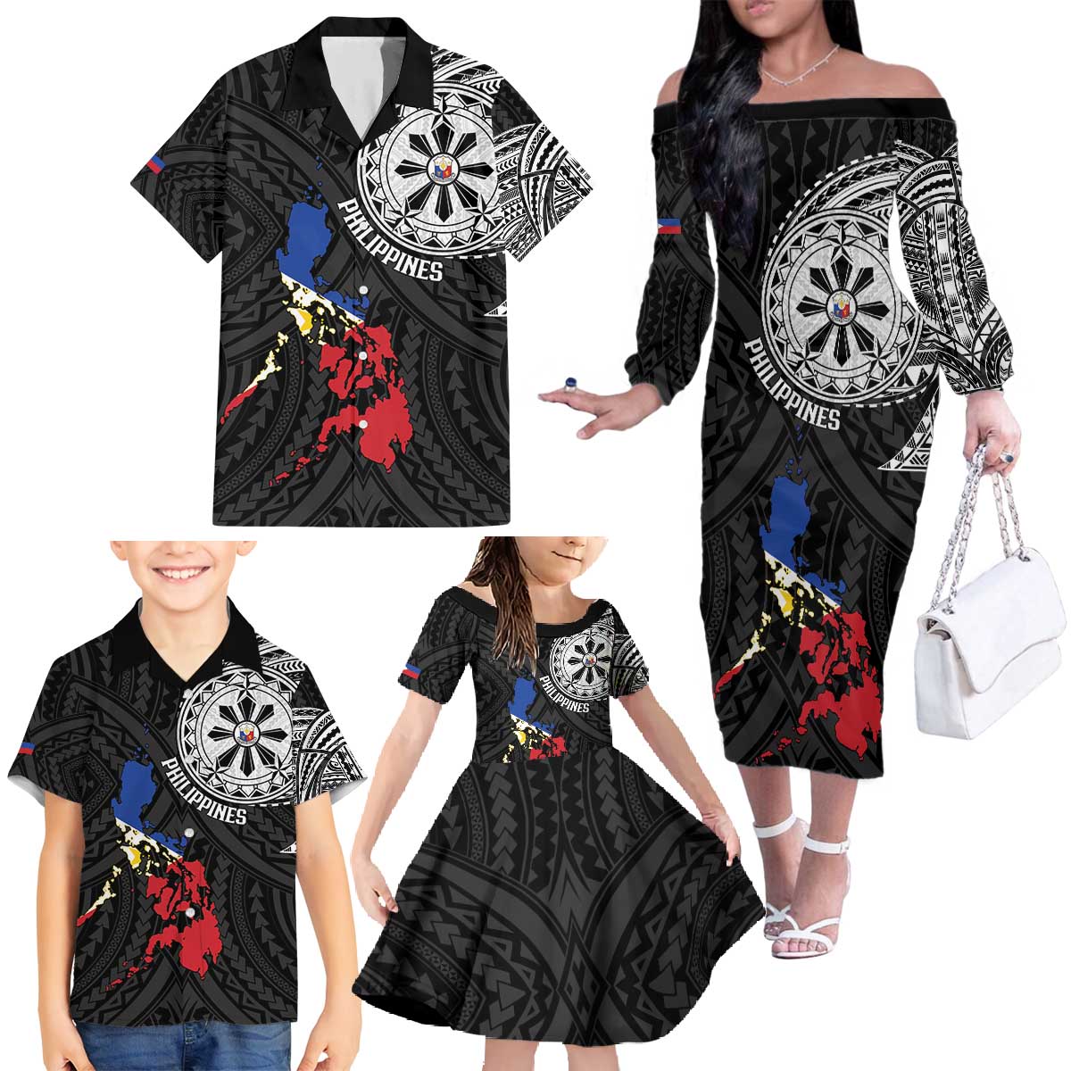 Philippines Strong Family Matching Off The Shoulder Long Sleeve Dress and Hawaiian Shirt Filipino Map Polynesian Tattoo - Polynesian Pride