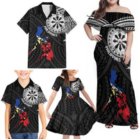 Philippines Strong Family Matching Off Shoulder Maxi Dress and Hawaiian Shirt Filipino Map Polynesian Tattoo - Polynesian Pride