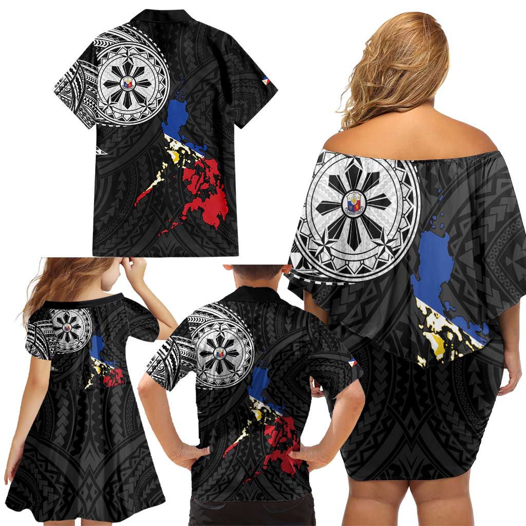 Philippines Strong Family Matching Off Shoulder Short Dress and Hawaiian Shirt Filipino Map Polynesian Tattoo - Polynesian Pride