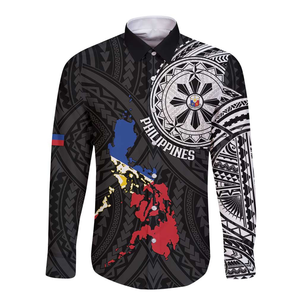 Philippines Strong Long Sleeve Button Shirt Filipino Map Polynesian Tattoo - Polynesian Pride