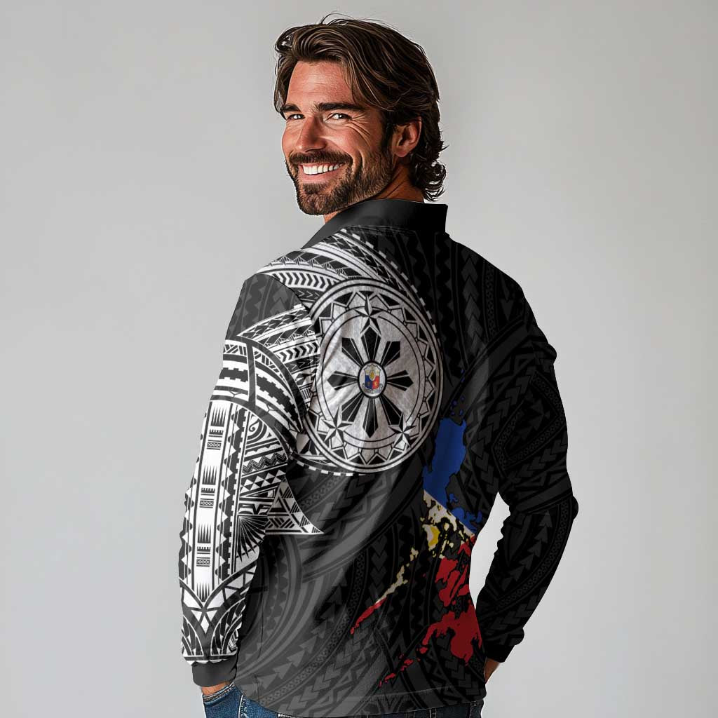 Philippines Strong Long Sleeve Polo Shirt Filipino Map Polynesian Tattoo - Polynesian Pride