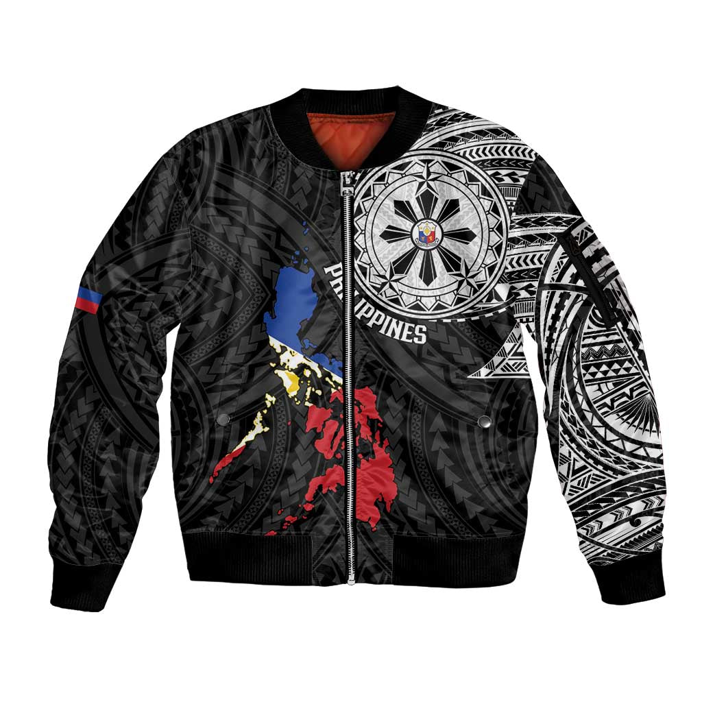 Philippines Strong Sleeve Zip Bomber Jacket Filipino Map Polynesian Tattoo - Polynesian Pride