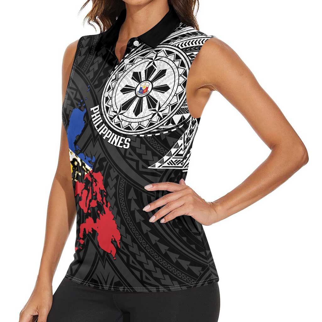 Philippines Strong Women Sleeveless Polo Shirt Filipino Map Polynesian Tattoo - Polynesian Pride