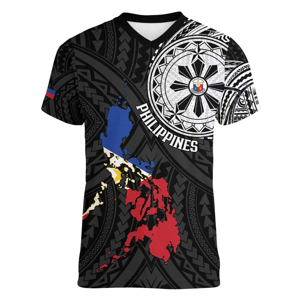 Philippines Strong Women V-Neck T-Shirt Filipino Map Polynesian Tattoo - Polynesian Pride