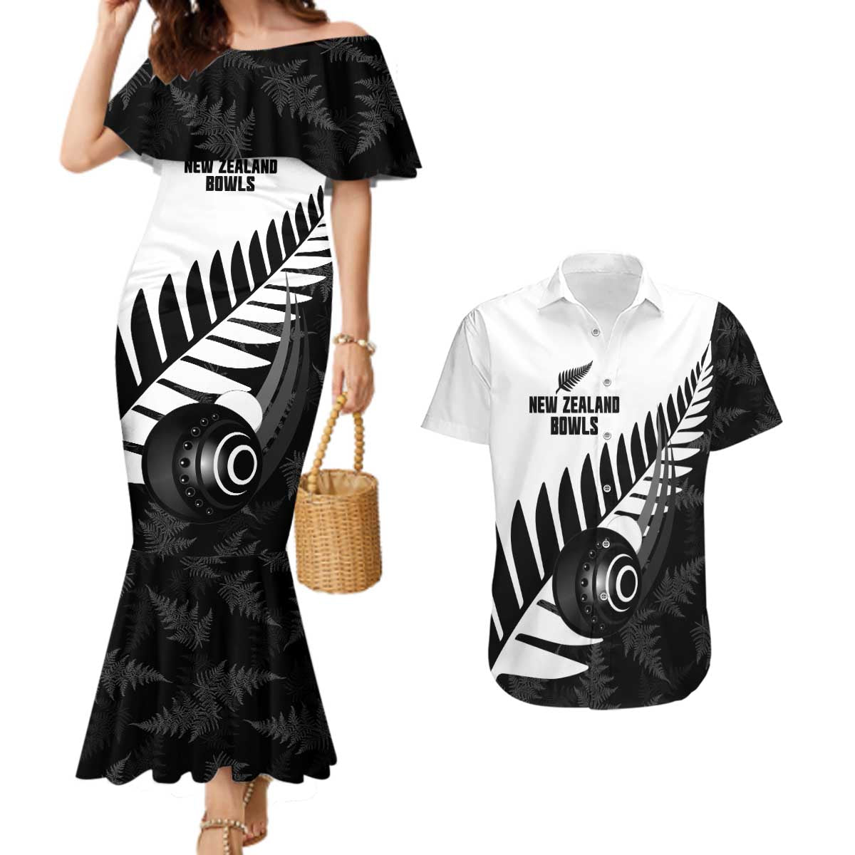 New Zealand Lawn Bowls Custom Couples Matching Mermaid Dress and Hawaiian Shirt Aotearoa Silver Fern - Polynesian Pride