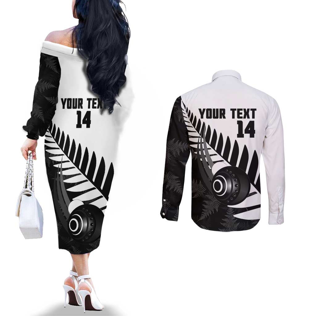New Zealand Lawn Bowls Custom Couples Matching Off The Shoulder Long Sleeve Dress and Long Sleeve Button Shirt Aotearoa Silver Fern - Polynesian Pride