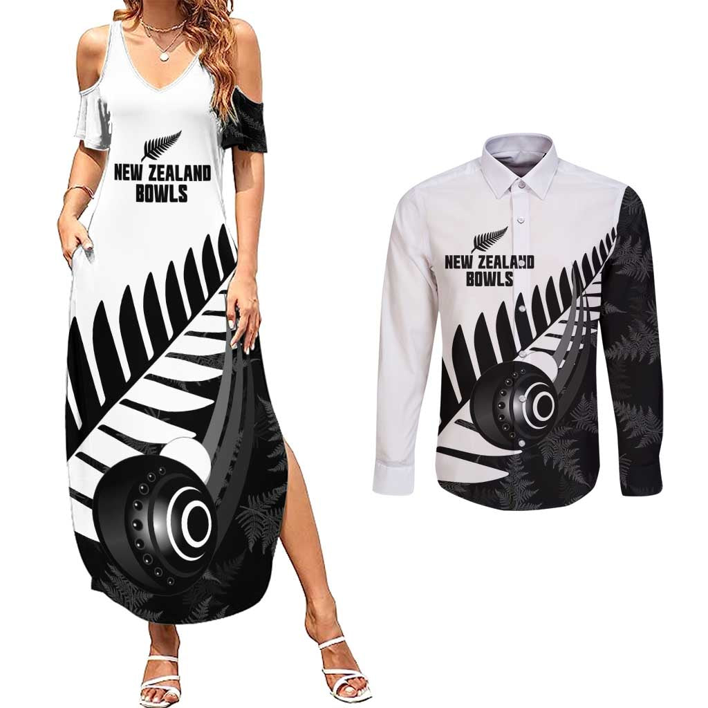 New Zealand Lawn Bowls Custom Couples Matching Summer Maxi Dress and Long Sleeve Button Shirt Aotearoa Silver Fern - Polynesian Pride