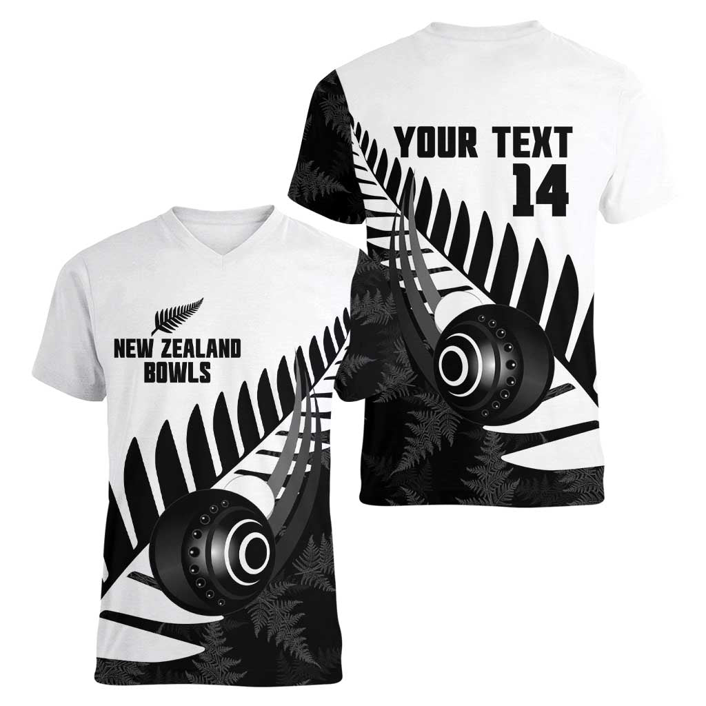 New Zealand Lawn Bowls Custom Women V-Neck T-Shirt Aotearoa Silver Fern - Polynesian Pride