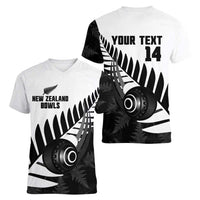 New Zealand Lawn Bowls Custom Women V-Neck T-Shirt Aotearoa Silver Fern - Polynesian Pride