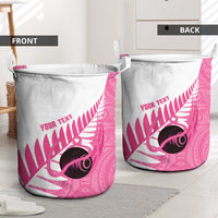 New Zealand Lawn Bowls Breast Cancer Custom Laundry Basket Aotearoa Maori Silver Fern Pink Ribbon - Polynesian Pride
