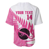 New Zealand Lawn Bowls Breast Cancer Custom Baseball Jersey Aotearoa Maori Silver Fern Pink Ribbon - Polynesian Pride