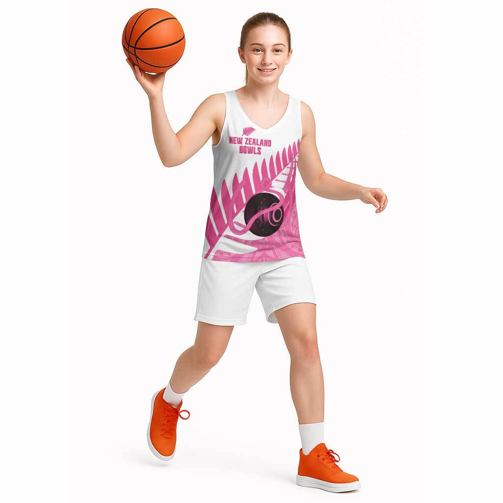 New Zealand Lawn Bowls Breast Cancer Custom Basketball Jersey Aotearoa Maori Silver Fern Pink Ribbon - Polynesian Pride