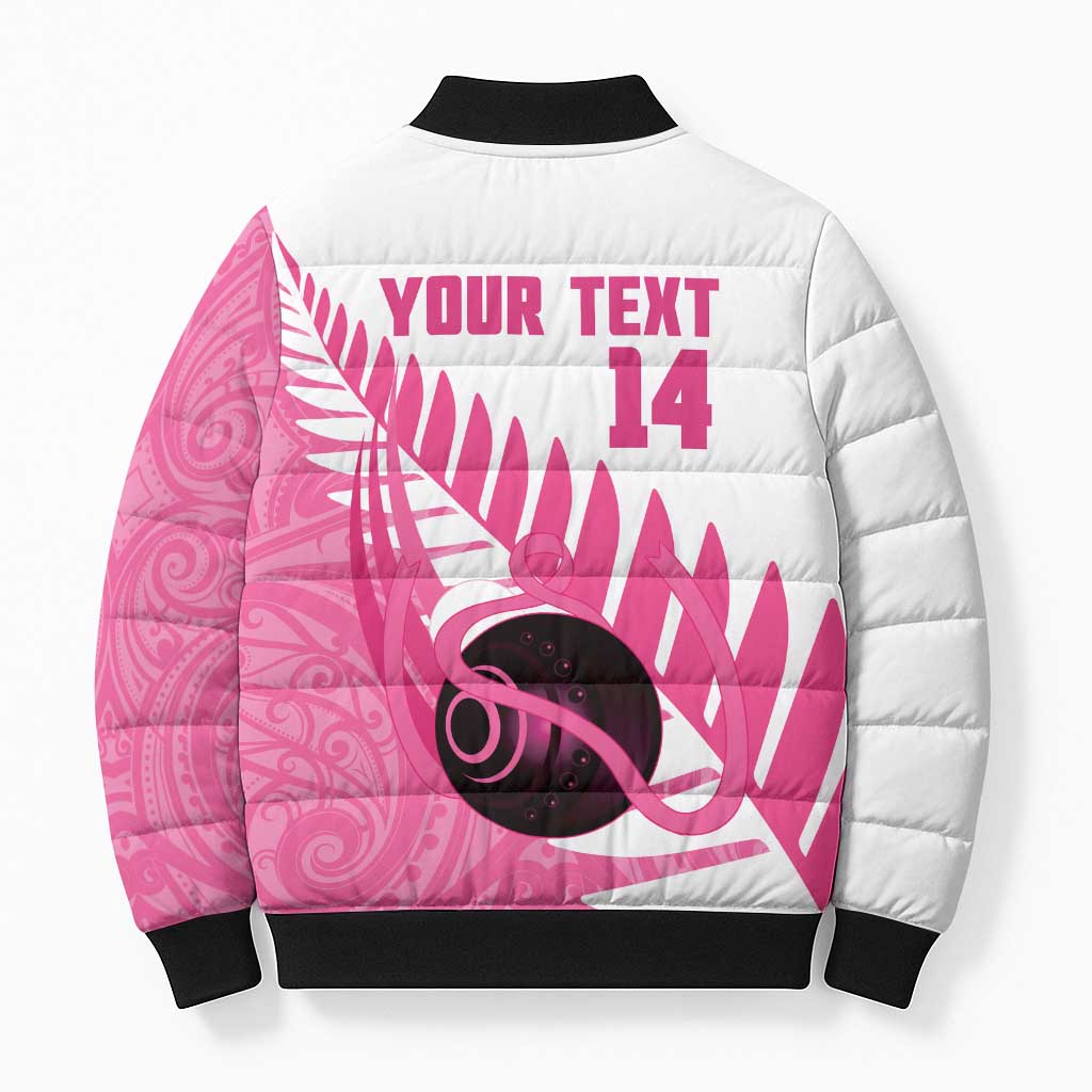 New Zealand Lawn Bowls Breast Cancer Custom Bomber Puffer Jacket Aotearoa Maori Silver Fern Pink Ribbon - Polynesian Pride