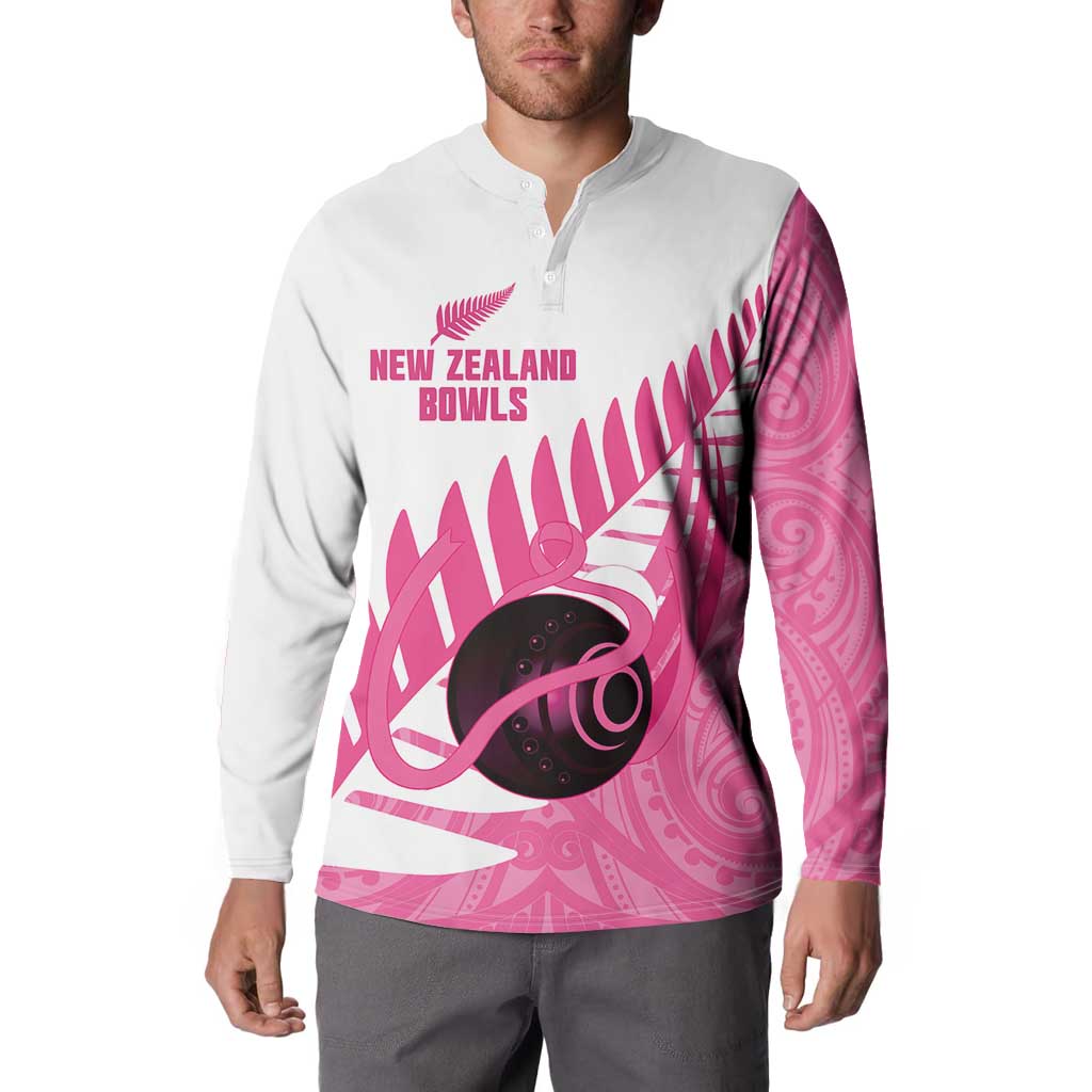 New Zealand Lawn Bowls Breast Cancer Custom Button Sweatshirt Aotearoa Maori Silver Fern Pink Ribbon - Polynesian Pride