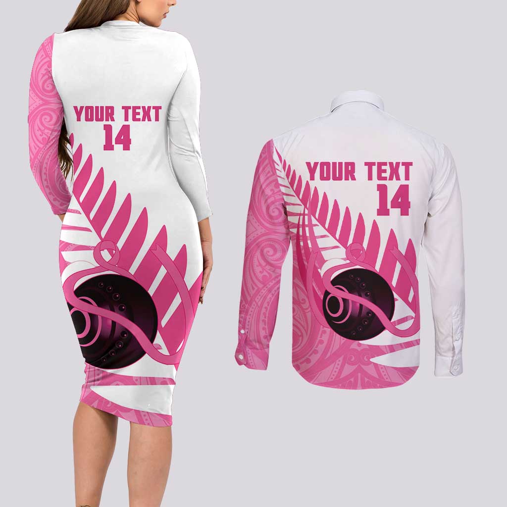 New Zealand Lawn Bowls Breast Cancer Custom Couples Matching Long Sleeve Bodycon Dress and Long Sleeve Button Shirt Aotearoa Maori Silver Fern Pink Ribbon - Polynesian Pride
