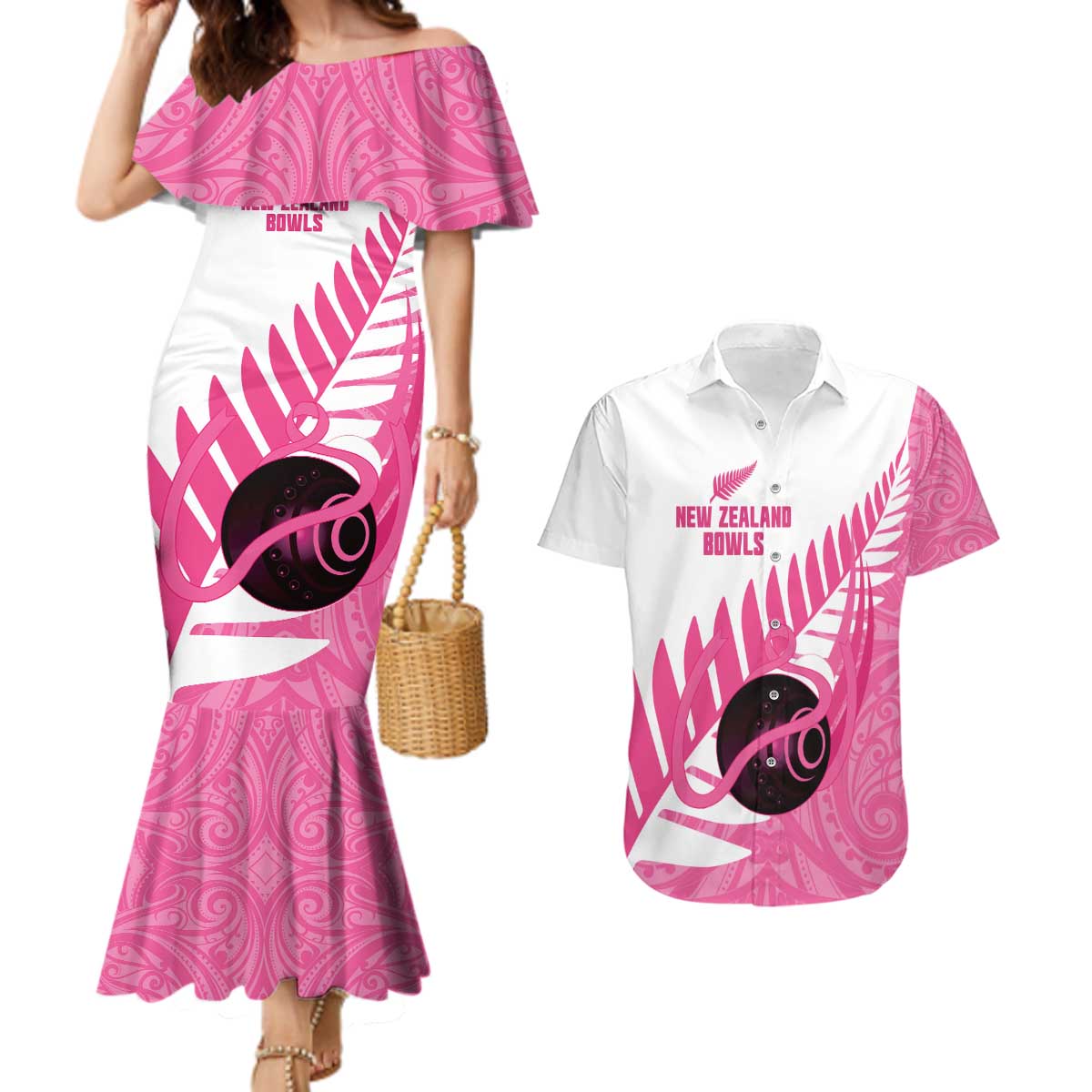 New Zealand Lawn Bowls Breast Cancer Custom Couples Matching Mermaid Dress and Hawaiian Shirt Aotearoa Maori Silver Fern Pink Ribbon - Polynesian Pride
