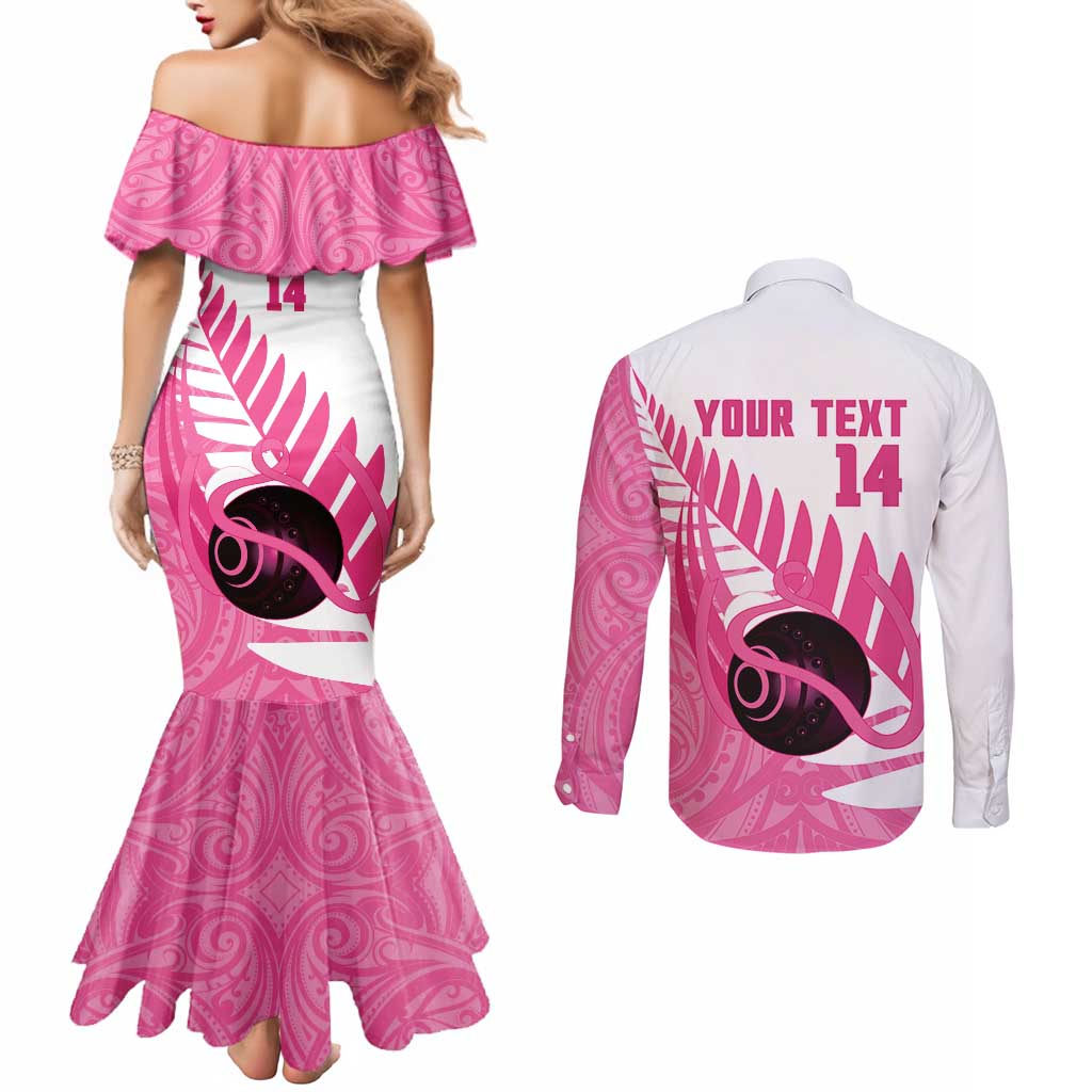 New Zealand Lawn Bowls Breast Cancer Custom Couples Matching Mermaid Dress and Long Sleeve Button Shirt Aotearoa Maori Silver Fern Pink Ribbon - Polynesian Pride