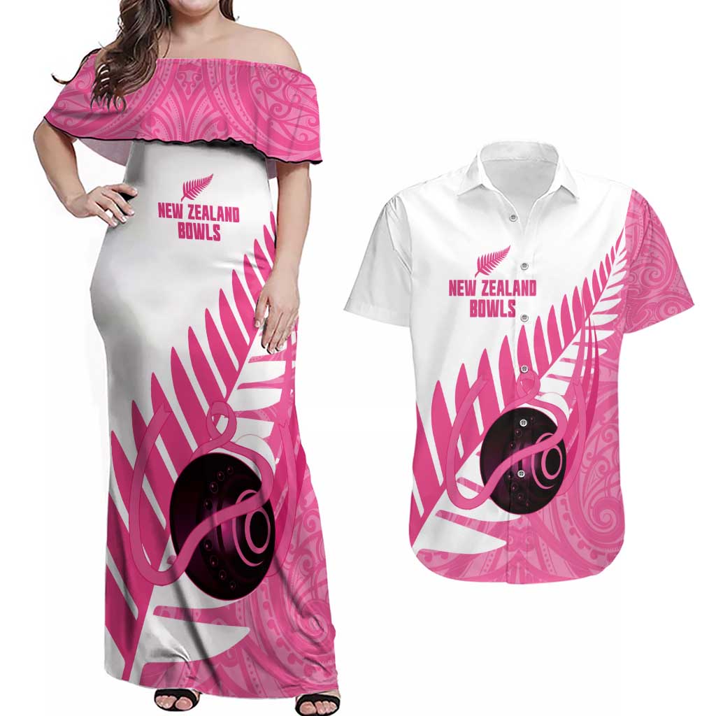 New Zealand Lawn Bowls Breast Cancer Custom Couples Matching Off Shoulder Maxi Dress and Hawaiian Shirt Aotearoa Maori Silver Fern Pink Ribbon - Polynesian Pride