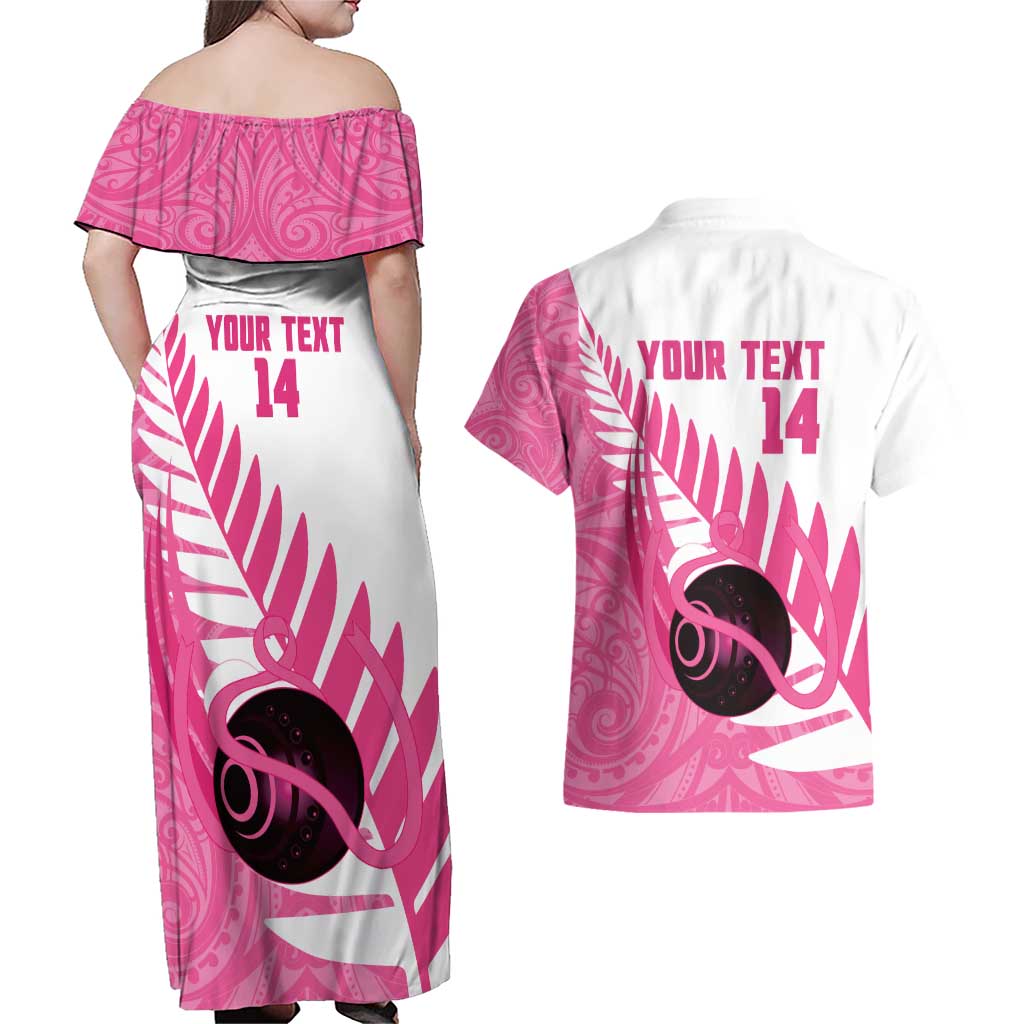 New Zealand Lawn Bowls Breast Cancer Custom Couples Matching Off Shoulder Maxi Dress and Hawaiian Shirt Aotearoa Maori Silver Fern Pink Ribbon - Polynesian Pride
