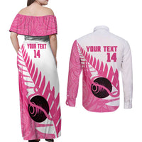 New Zealand Lawn Bowls Breast Cancer Custom Couples Matching Off Shoulder Maxi Dress and Long Sleeve Button Shirt Aotearoa Maori Silver Fern Pink Ribbon - Polynesian Pride