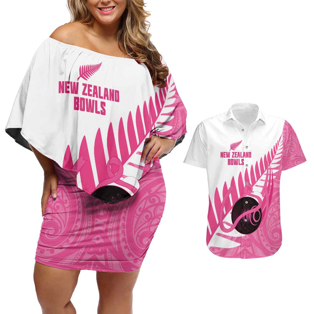 New Zealand Lawn Bowls Breast Cancer Custom Couples Matching Off Shoulder Short Dress and Hawaiian Shirt Aotearoa Maori Silver Fern Pink Ribbon - Polynesian Pride