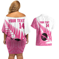 New Zealand Lawn Bowls Breast Cancer Custom Couples Matching Off Shoulder Short Dress and Hawaiian Shirt Aotearoa Maori Silver Fern Pink Ribbon - Polynesian Pride