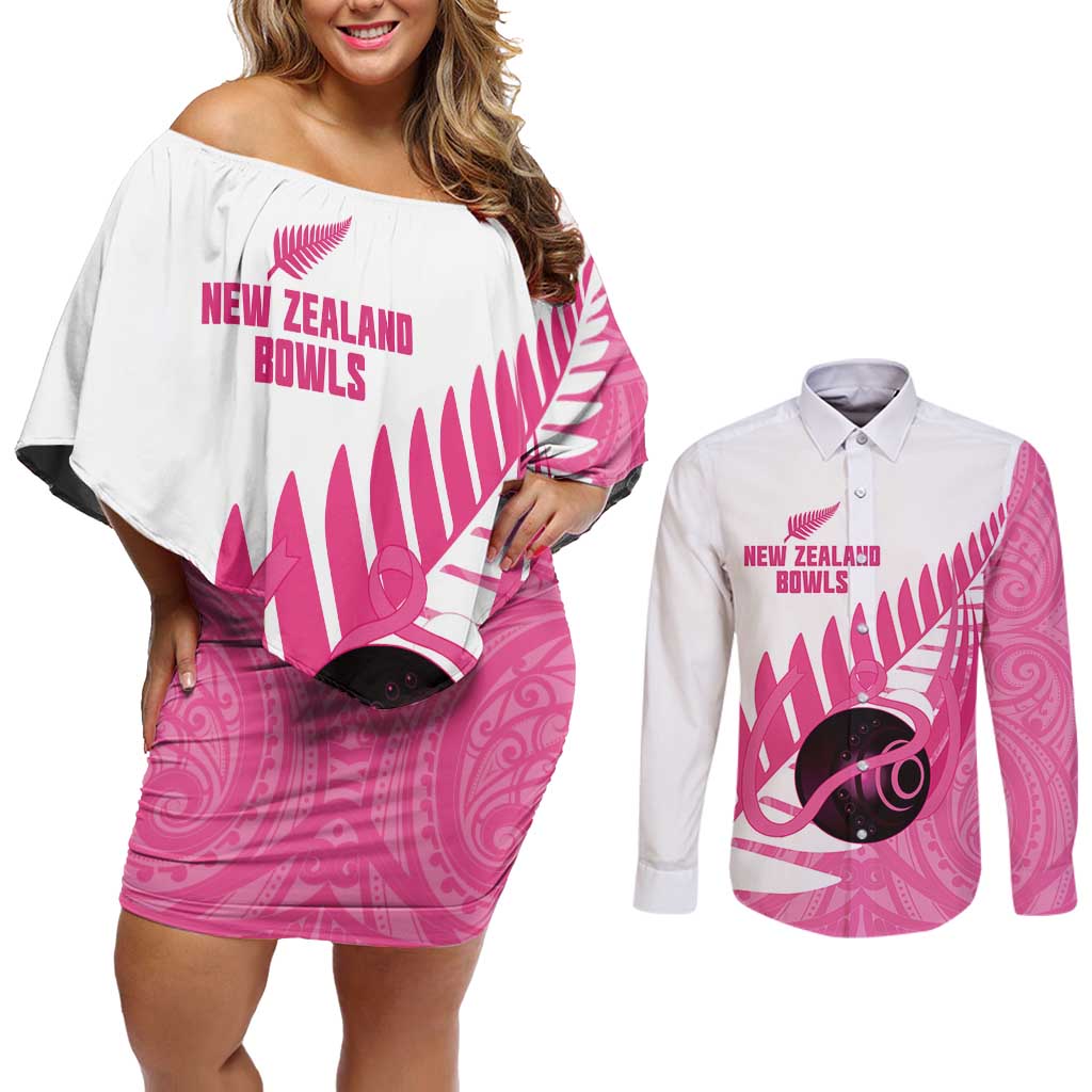 New Zealand Lawn Bowls Breast Cancer Custom Couples Matching Off Shoulder Short Dress and Long Sleeve Button Shirt Aotearoa Maori Silver Fern Pink Ribbon - Polynesian Pride