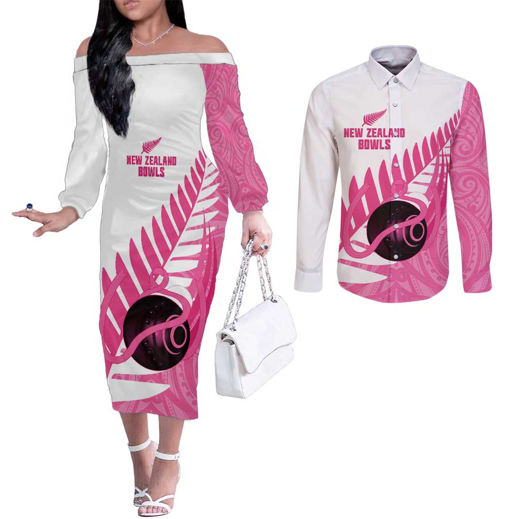New Zealand Lawn Bowls Breast Cancer Custom Couples Matching Off The Shoulder Long Sleeve Dress and Long Sleeve Button Shirt Aotearoa Maori Silver Fern Pink Ribbon - Polynesian Pride