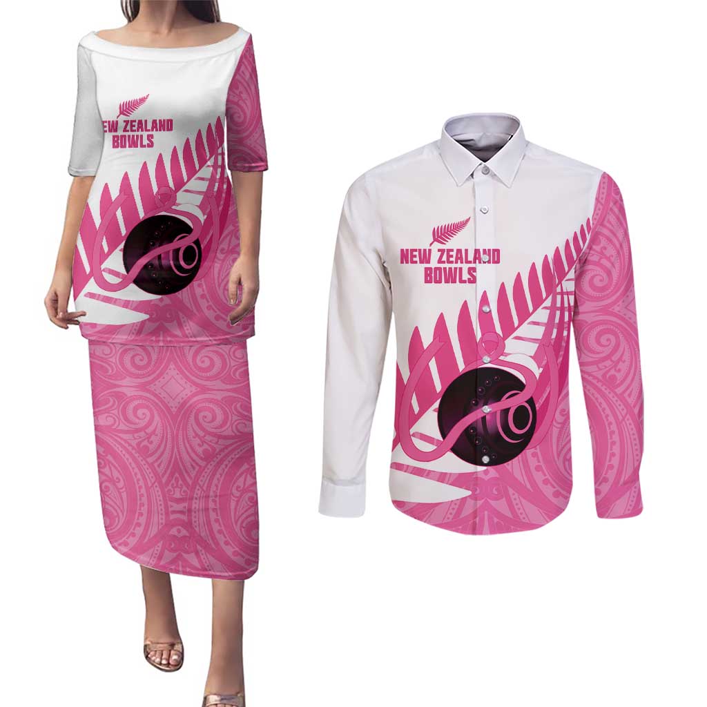 New Zealand Lawn Bowls Breast Cancer Custom Couples Matching Puletasi and Long Sleeve Button Shirt Aotearoa Maori Silver Fern Pink Ribbon - Polynesian Pride