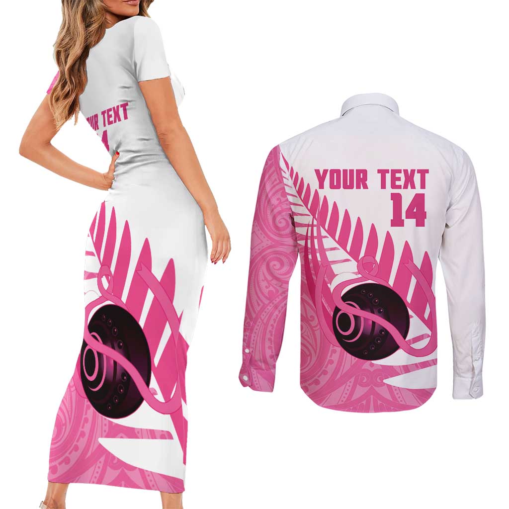 New Zealand Lawn Bowls Breast Cancer Custom Couples Matching Short Sleeve Bodycon Dress and Long Sleeve Button Shirt Aotearoa Maori Silver Fern Pink Ribbon - Polynesian Pride