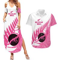 New Zealand Lawn Bowls Breast Cancer Custom Couples Matching Summer Maxi Dress and Hawaiian Shirt Aotearoa Maori Silver Fern Pink Ribbon - Polynesian Pride