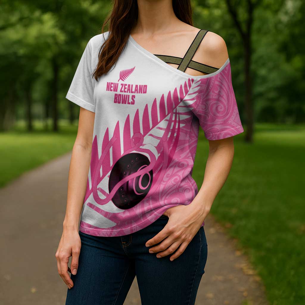 New Zealand Lawn Bowls Breast Cancer Custom Cross Shoulder Shirt Aotearoa Maori Silver Fern Pink Ribbon - Polynesian Pride