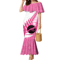 New Zealand Lawn Bowls Breast Cancer Custom Family Matching Mermaid Dress and Hawaiian Shirt Aotearoa Maori Silver Fern Pink Ribbon - Polynesian Pride