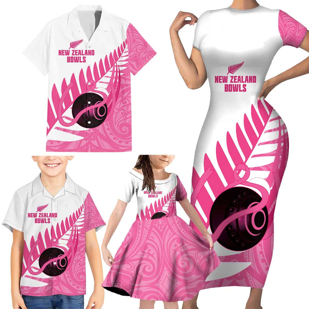 New Zealand Lawn Bowls Breast Cancer Custom Family Matching Short Sleeve Bodycon Dress and Hawaiian Shirt Aotearoa Maori Silver Fern Pink Ribbon - Polynesian Pride