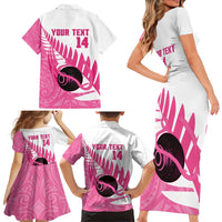 New Zealand Lawn Bowls Breast Cancer Custom Family Matching Short Sleeve Bodycon Dress and Hawaiian Shirt Aotearoa Maori Silver Fern Pink Ribbon - Polynesian Pride